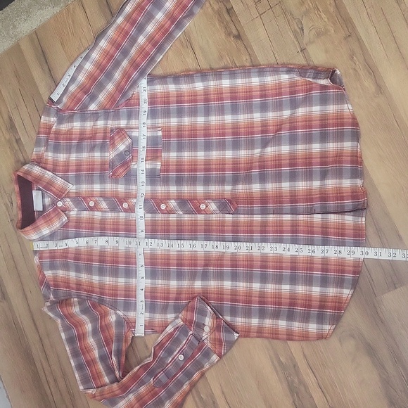JEANSWEST Orange Red Gray Plaid Pearl Snap Pocket Roll-Tab Western Shirt - Picture 11 of 15